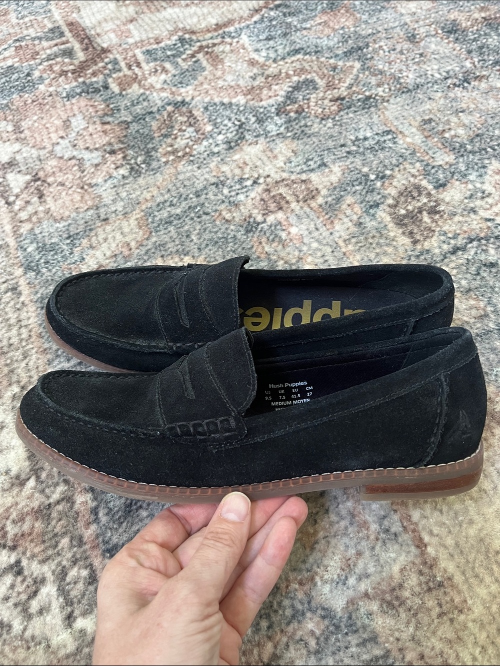 Hush Puppies Black Suede Penny Loafers with Brown Outsole